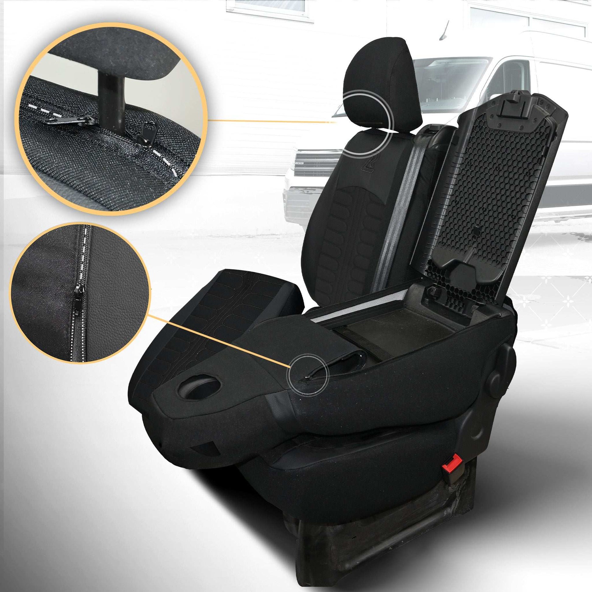 Pokrowce na fotele TORNADO Renault Trafic 3, Opel Vivaro B, Fiat Talento, Nissan NV300 1+2 (Kanapa z fotelem lotniczym, siedzisko dzielone) - Czarno czarne 