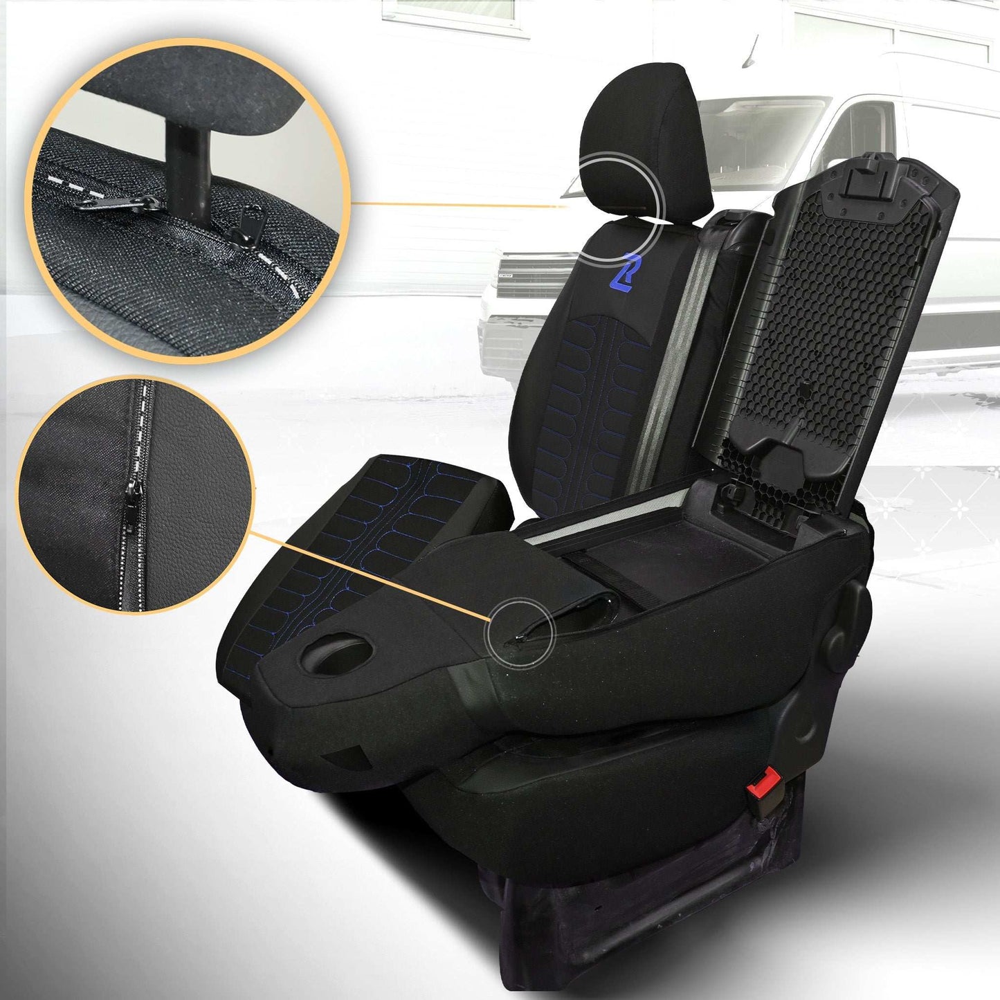 Pokrowce na fotele TORNADO Renault Trafic 3, Opel Vivaro B, Fiat Talento, Nissan NV300 1+2 (Kanapa z fotelem lotniczym, siedzisko dzielone) - Czarno niebieskie 