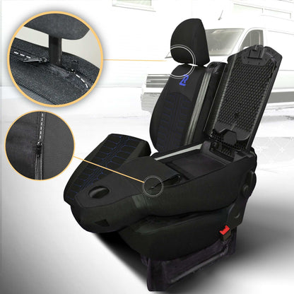 Pokrowce na fotele TORNADO Renault Trafic 3, Opel Vivaro B, Fiat Talento, Nissan NV300 1+2 (Kanapa z fotelem lotniczym, siedzisko dzielone) - Czarno niebieskie 