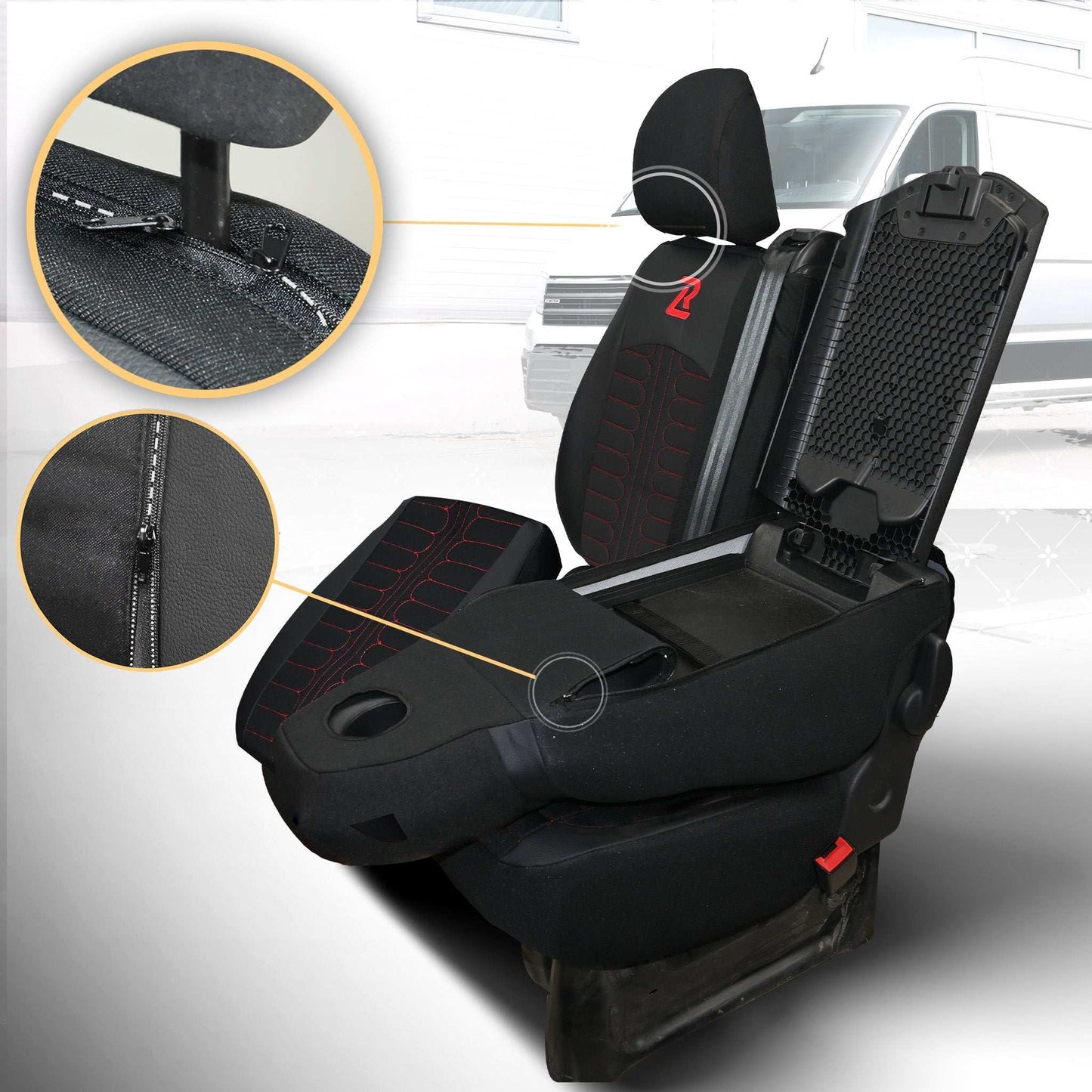 Pokrowce na fotele TORNADO Renault Trafic 3, Opel Vivaro B, Fiat Talento, Nissan NV300 1+2 (Kanapa z fotelem lotniczym, siedzisko dzielone) - Czarno czerwone 