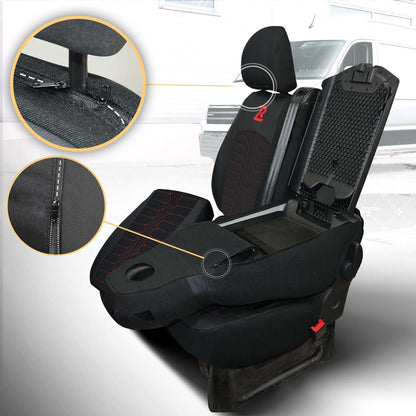 Pokrowce na fotele TORNADO Renault Trafic 3, Opel Vivaro B, Fiat Talento, Nissan NV300 1+2 (Kanapa z fotelem lotniczym, siedzisko dzielone) - Czarno czerwone 