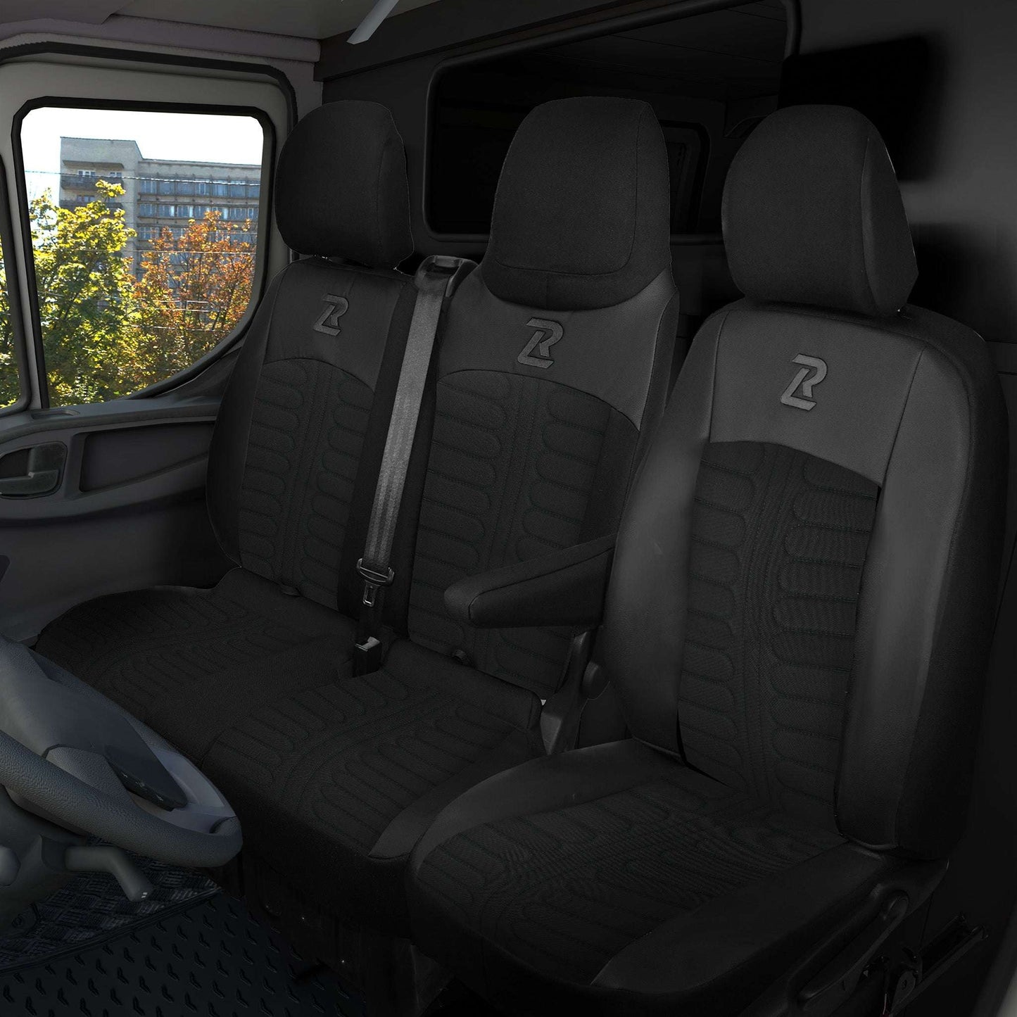 Pokrowce na fotele TORNADO Renault Trafic 3, Opel Vivaro B, Fiat Talento, Nissan NV300 1+2 (Kanapa z fotelem lotniczym, siedzisko dzielone) - Czarno czarne 