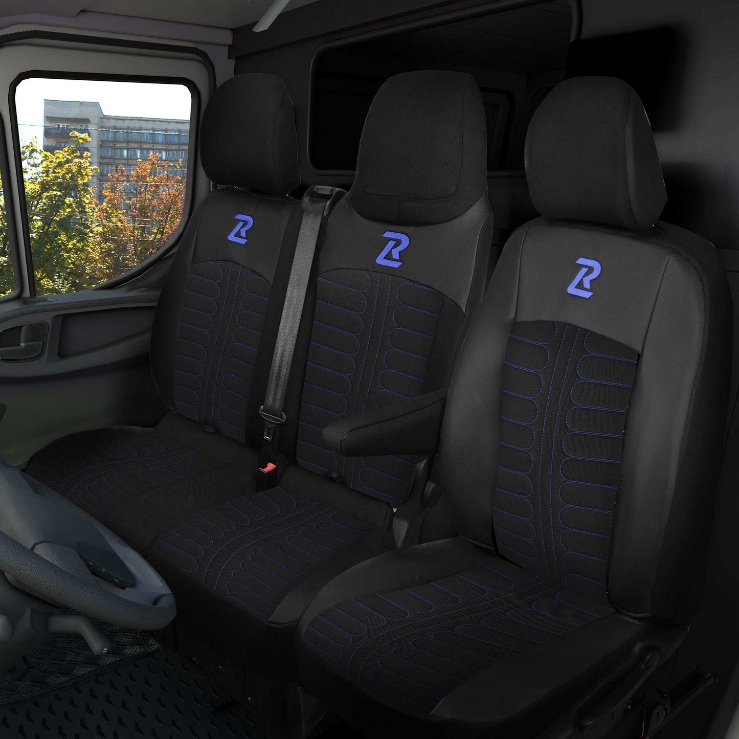 Pokrowce na fotele TORNADO Renault Trafic 3, Opel Vivaro B, Fiat Talento, Nissan NV300 1+2 (Kanapa z fotelem lotniczym, siedzisko dzielone) - Czarno niebieskie 