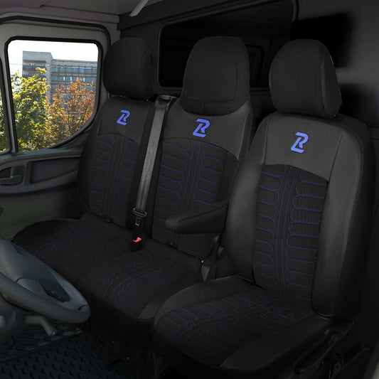 Pokrowce na fotele TORNADO Renault Trafic 3, Opel Vivaro B, Fiat Talento, Nissan NV300 1+2 (Kanapa z fotelem lotniczym, siedzisko dzielone) - Czarno niebieskie 