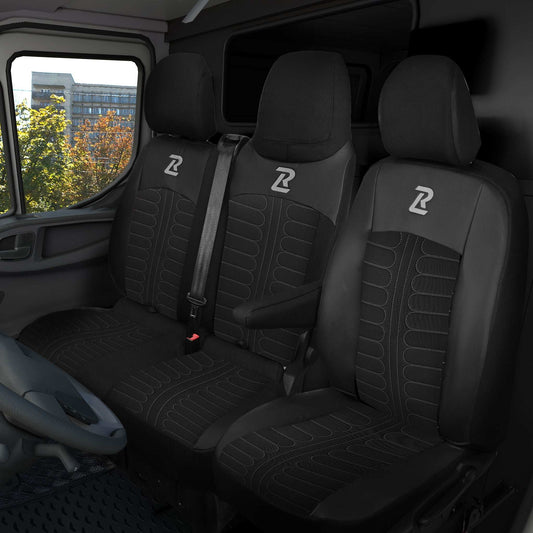 Pokrowce na fotele TORNADO Renault Trafic 3, Opel Vivaro B, Fiat Talento, Nissan NV300 1+2 (Kanapa z fotelem lotniczym, siedzisko dzielone) - Czarno szare 