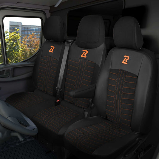 Pokrowce na fotele TORNADO Renault Trafic 3, Opel Vivaro B, Fiat Talento, Nissan NV300 1+2 (Kanapa z fotelem lotniczym, siedzisko dzielone) - Czarno pomarańczowe 