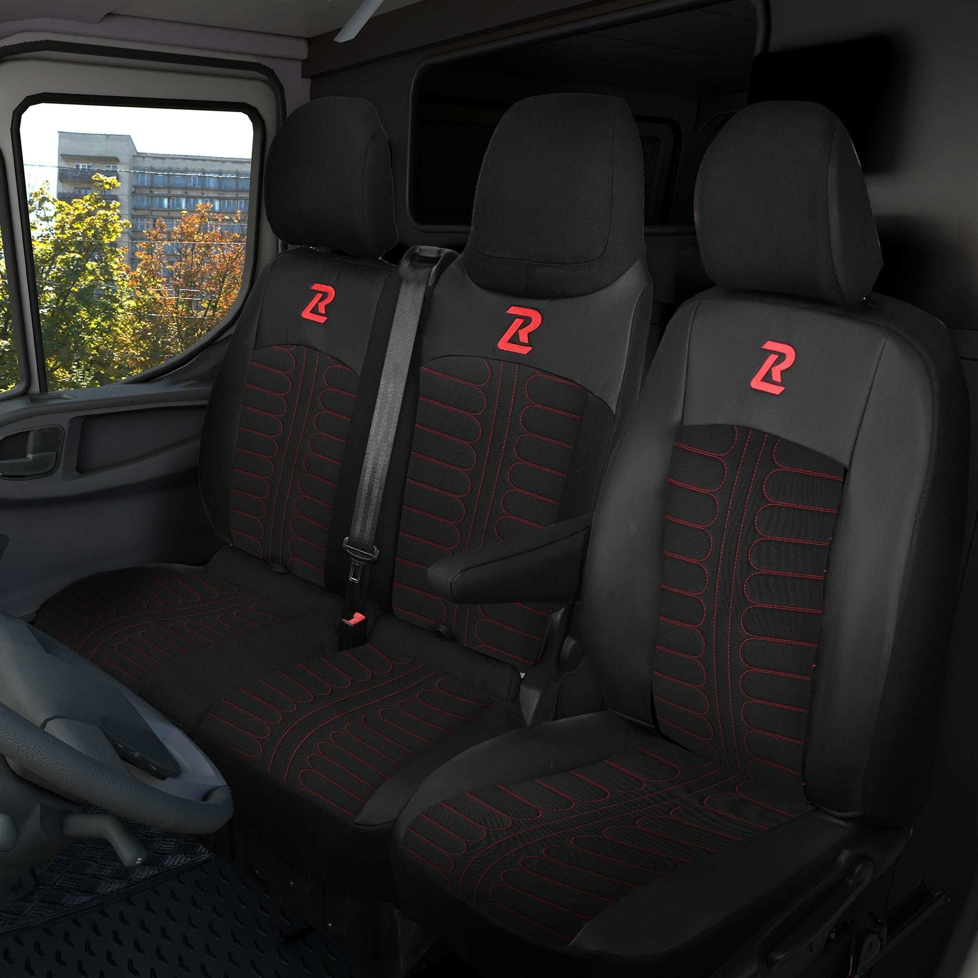 Pokrowce na fotele TORNADO Renault Trafic 3, Opel Vivaro B, Fiat Talento, Nissan NV300 1+2 (Kanapa z fotelem lotniczym, siedzisko dzielone) - Czarno czerwone 