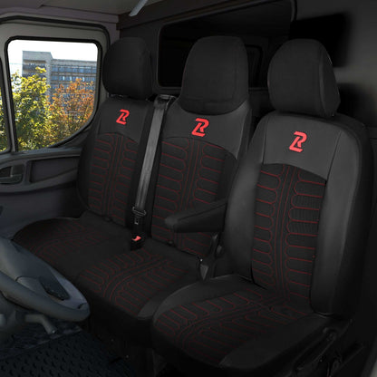 Pokrowce na fotele TORNADO Renault Trafic 3, Opel Vivaro B, Fiat Talento, Nissan NV300 1+2 (Kanapa z fotelem lotniczym, siedzisko dzielone) - Czarno czerwone 