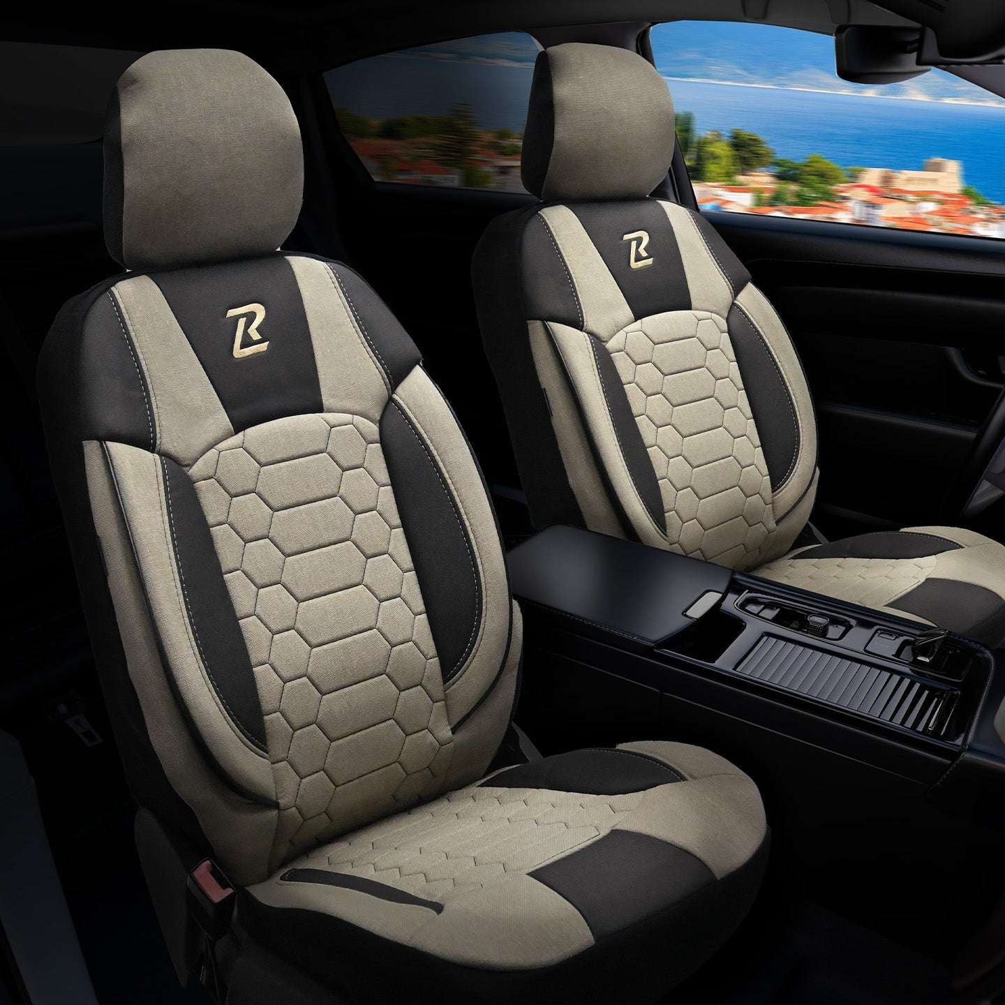 Pokrowce na fotele samochodowe OLIMP - BEŻOWO CZARNY (KOMPLET) 