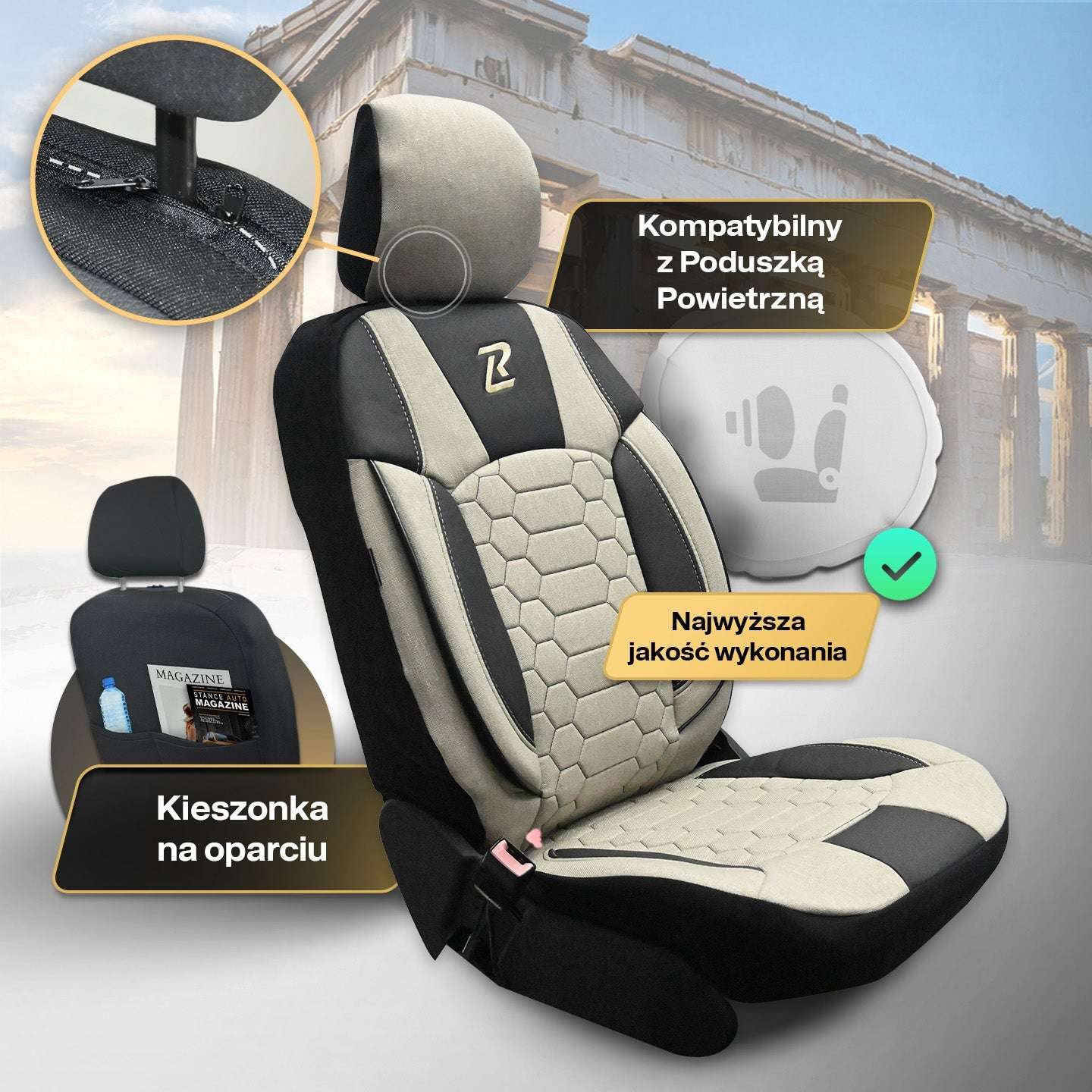 Pokrowce na fotele samochodowe OLIMP - BEŻOWO CZARNY (KOMPLET) 