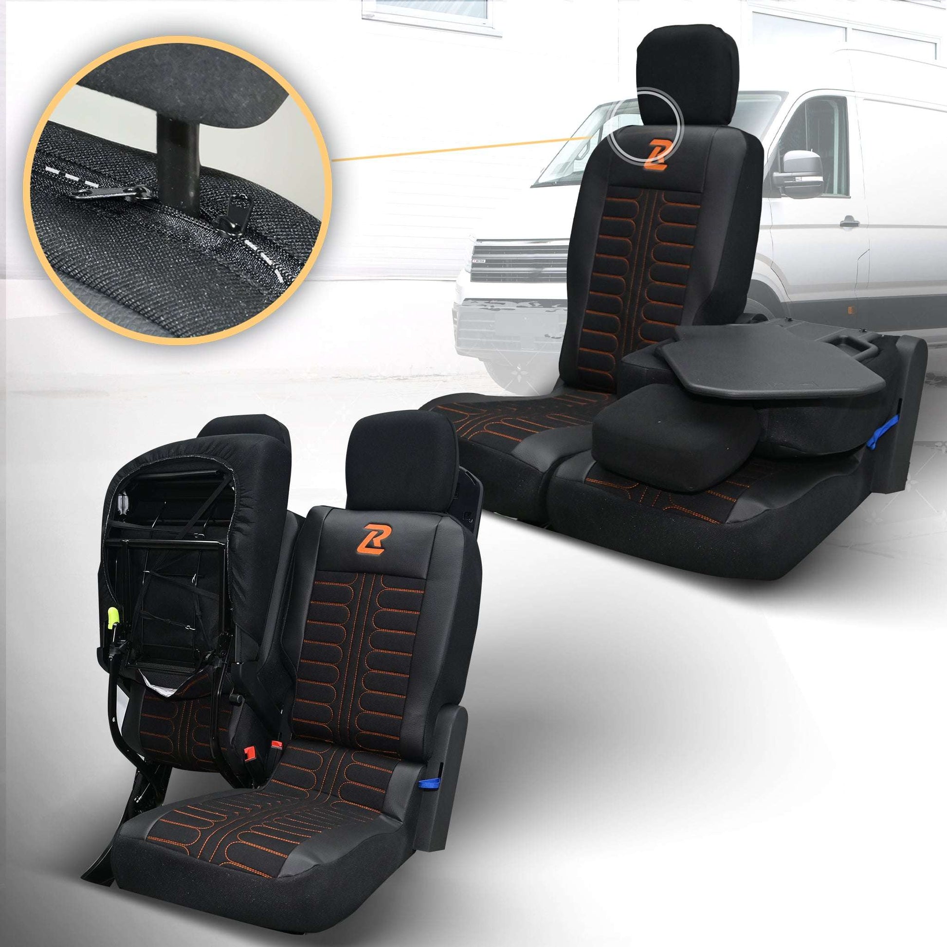 Pokrowce na fotele samochodowe TORNADO Citroen Berlingo 3, Fiat Doblo 3, Peugeot Partner 3, Opel Combo E, Toyota Proace City 1+2 Czarno - Pomarańczowy 