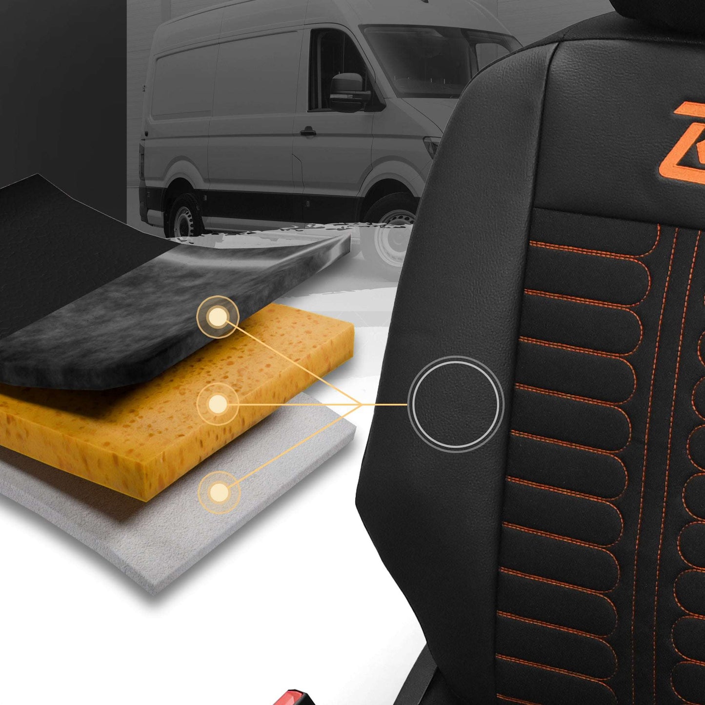Pokrowce na fotele samochodowe TORNADO Citroen Berlingo 3, Fiat Doblo 3, Peugeot Partner 3, Opel Combo E, Toyota Proace City 1+2 Czarno - Pomarańczowy 