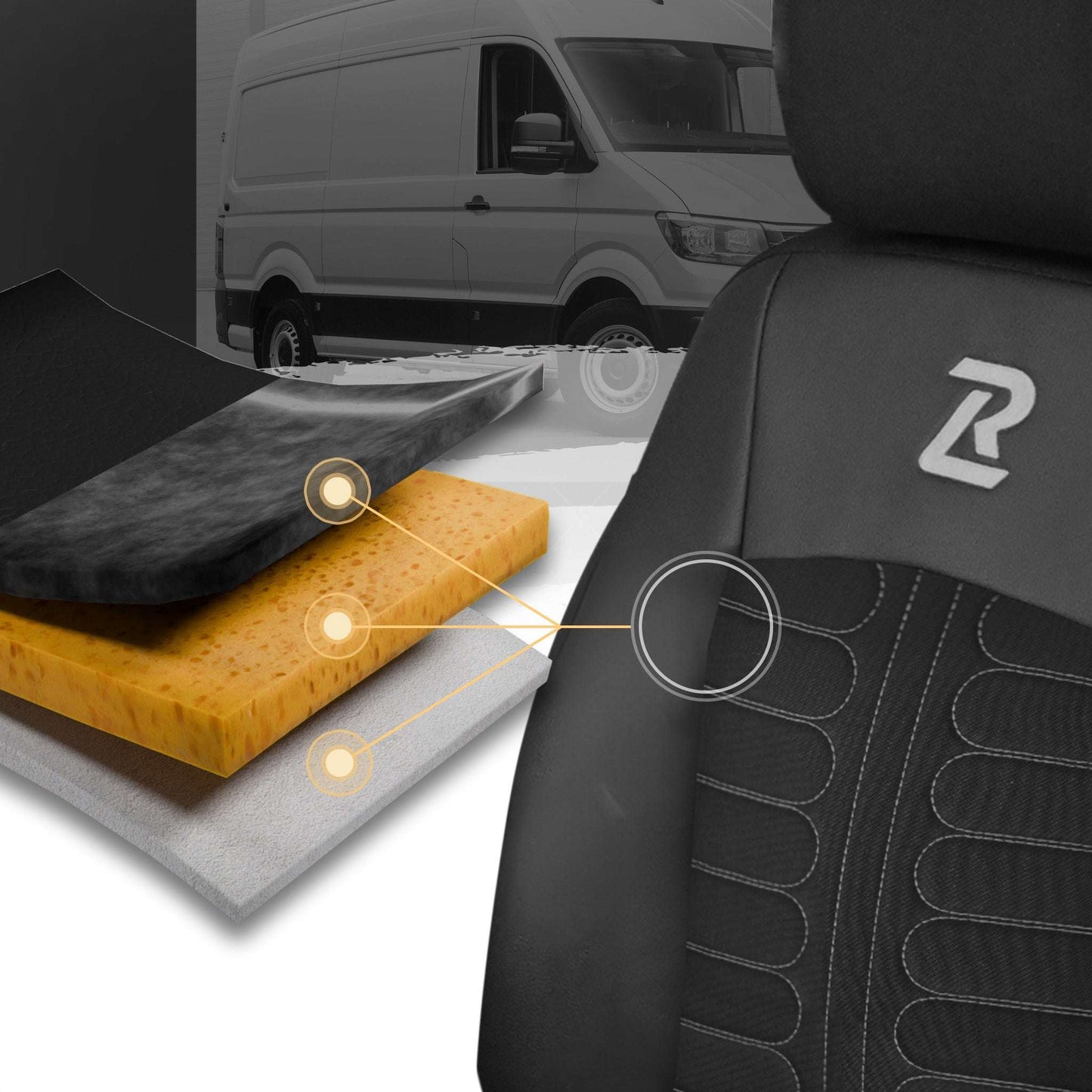 Pokrowce na fotele TORNADO Renault Trafic 3, Opel Vivaro B, Fiat Talento, Nissan NV300 1+2 (Kanapa z 2 zagłówkami siedzisko dzielone) - Czarno szare 