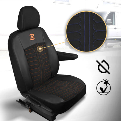 Pokrowce na fotele TORNADO Renault Trafic 3, Opel Vivaro B, Fiat Talento, Nissan NV300 1+2 (Kanapa z 2 zagłówkami siedzisko dzielone) - Czarno pomarańczowe 