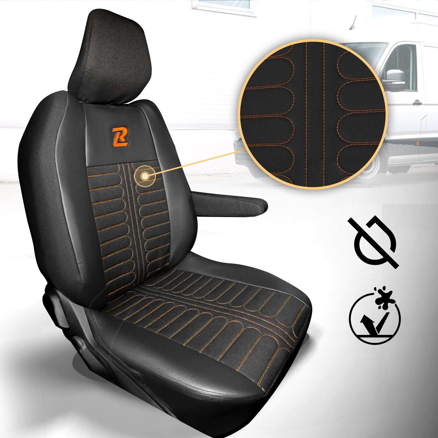 Pokrowce na fotele TORNADO Renault Master 4, Nissan Interstar 3 (Oparcie dzielone, siedzisko dzielone) CZARNO - POMARAŃCZOWY 