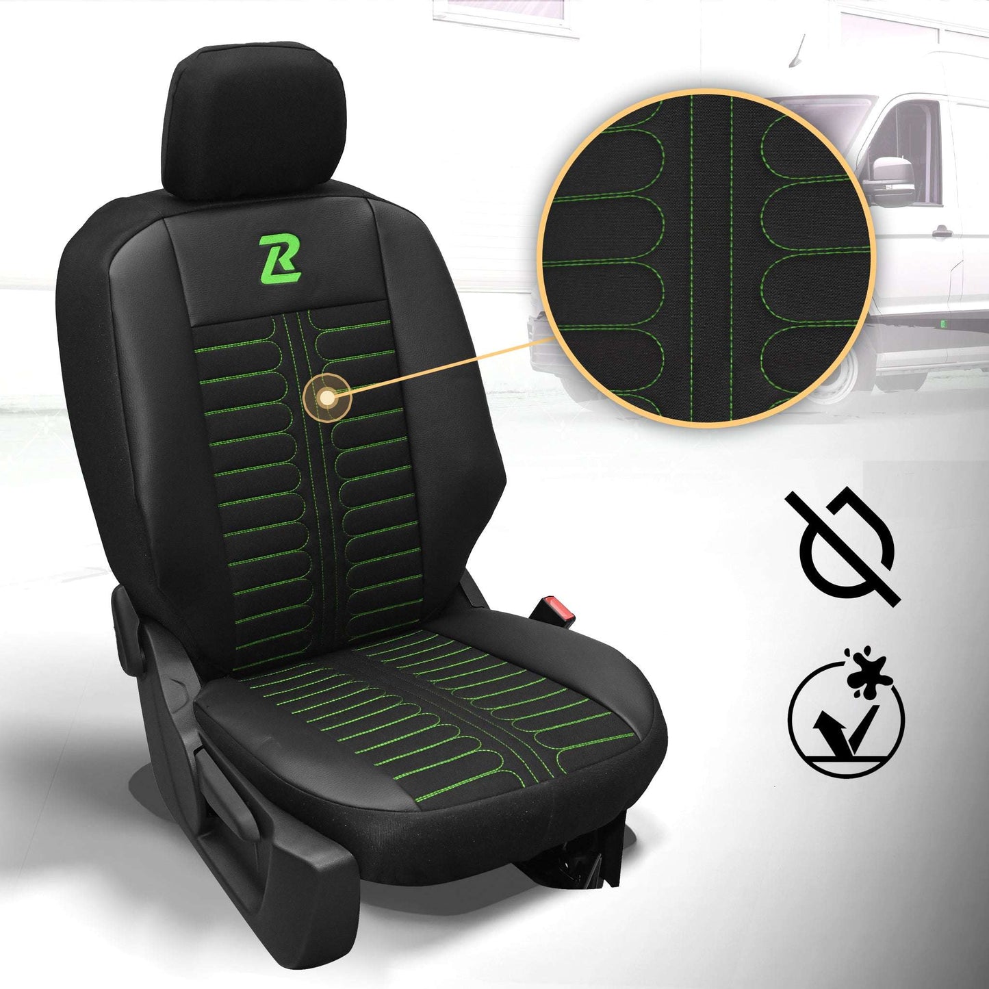 Pokrowce na fotele samochodowe TORNADO Citroen Berlingo 3, Fiat Doblo 3, Peugeot Partner 3, Opel Combo E, Toyota Proace City 1+2 Czarno - Zielone 