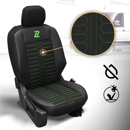 Pokrowce na fotele samochodowe TORNADO Citroen Berlingo 3, Fiat Doblo 3, Peugeot Partner 3, Opel Combo E, Toyota Proace City 1+2 Czarno - Zielone 