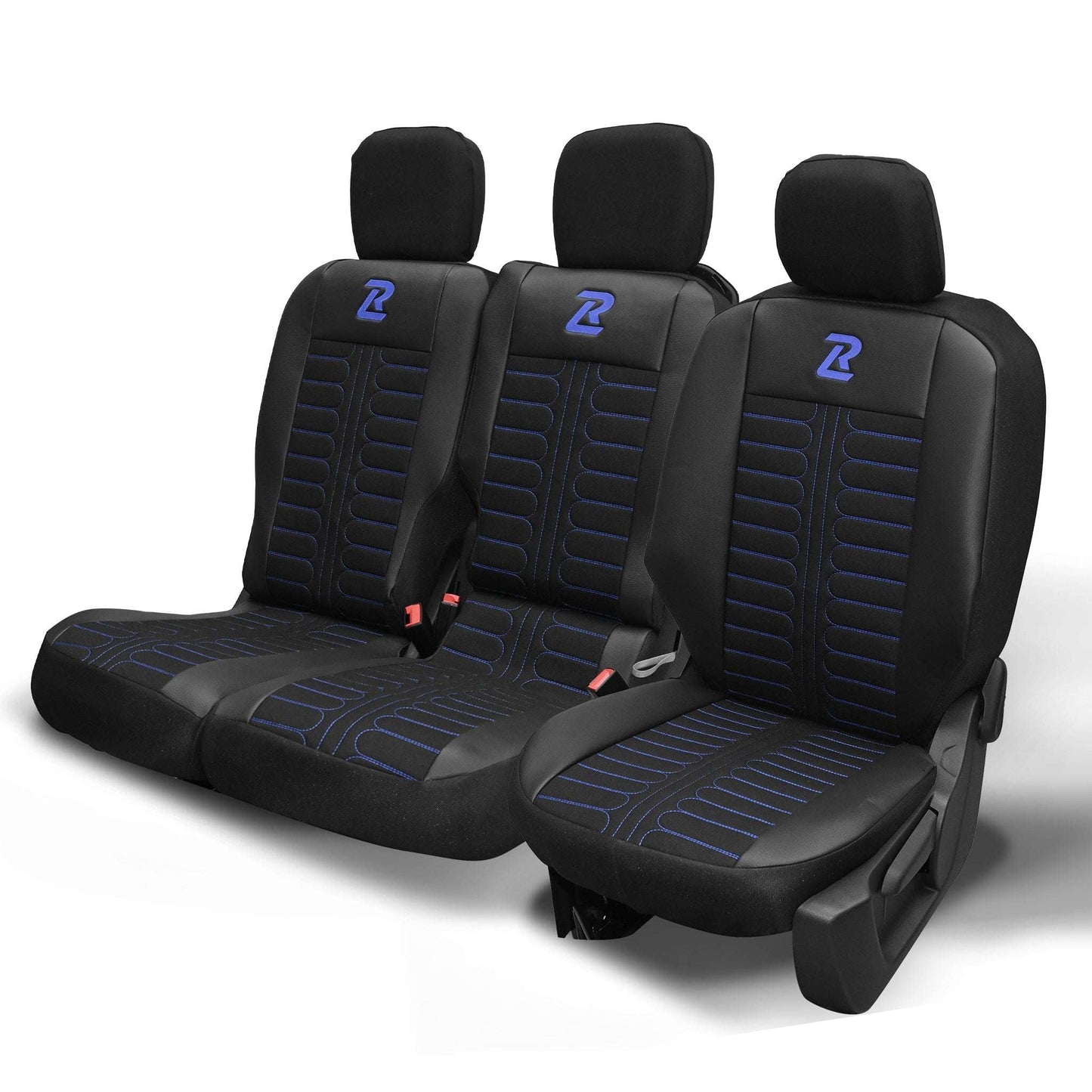 Pokrowce na fotele samochodowe TORNADO Citroen Berlingo 3, Fiat Doblo 3, Peugeot Partner 3, Opel Combo E, Toyota Proace City 1+2 Czarno - Niebieski 