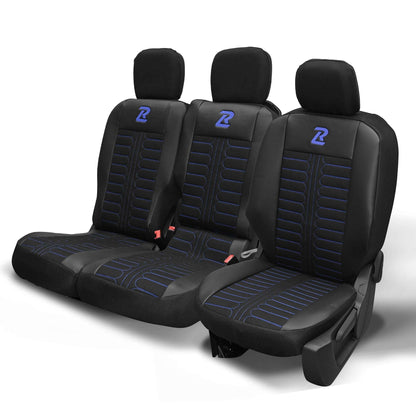 Pokrowce na fotele samochodowe TORNADO Citroen Berlingo 3, Fiat Doblo 3, Peugeot Partner 3, Opel Combo E, Toyota Proace City 1+2 Czarno - Niebieski 