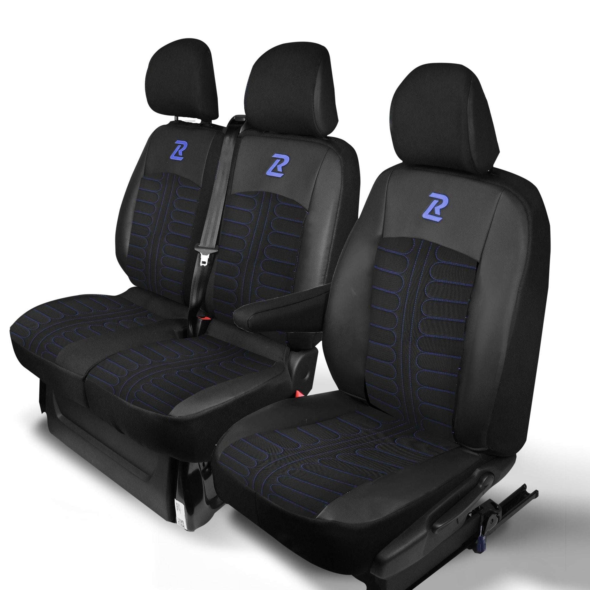 Pokrowce na fotele TORNADO Renault Trafic 3, Opel Vivaro B, Fiat Talento, Nissan NV300 1+2 (Kanapa z 2 zagłówkami siedzisko dzielone) - Czarno niebieskie 