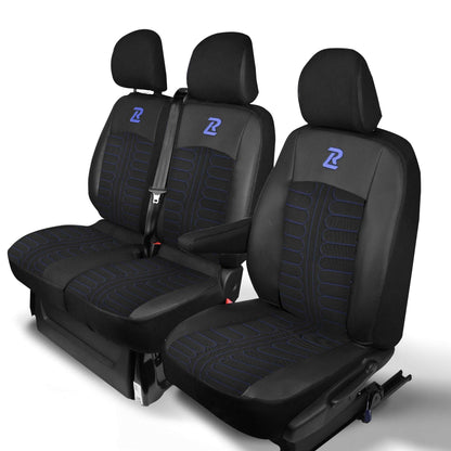 Pokrowce na fotele TORNADO Renault Trafic 3, Opel Vivaro B, Fiat Talento, Nissan NV300 1+2 (Kanapa z 2 zagłówkami siedzisko dzielone) - Czarno niebieskie 