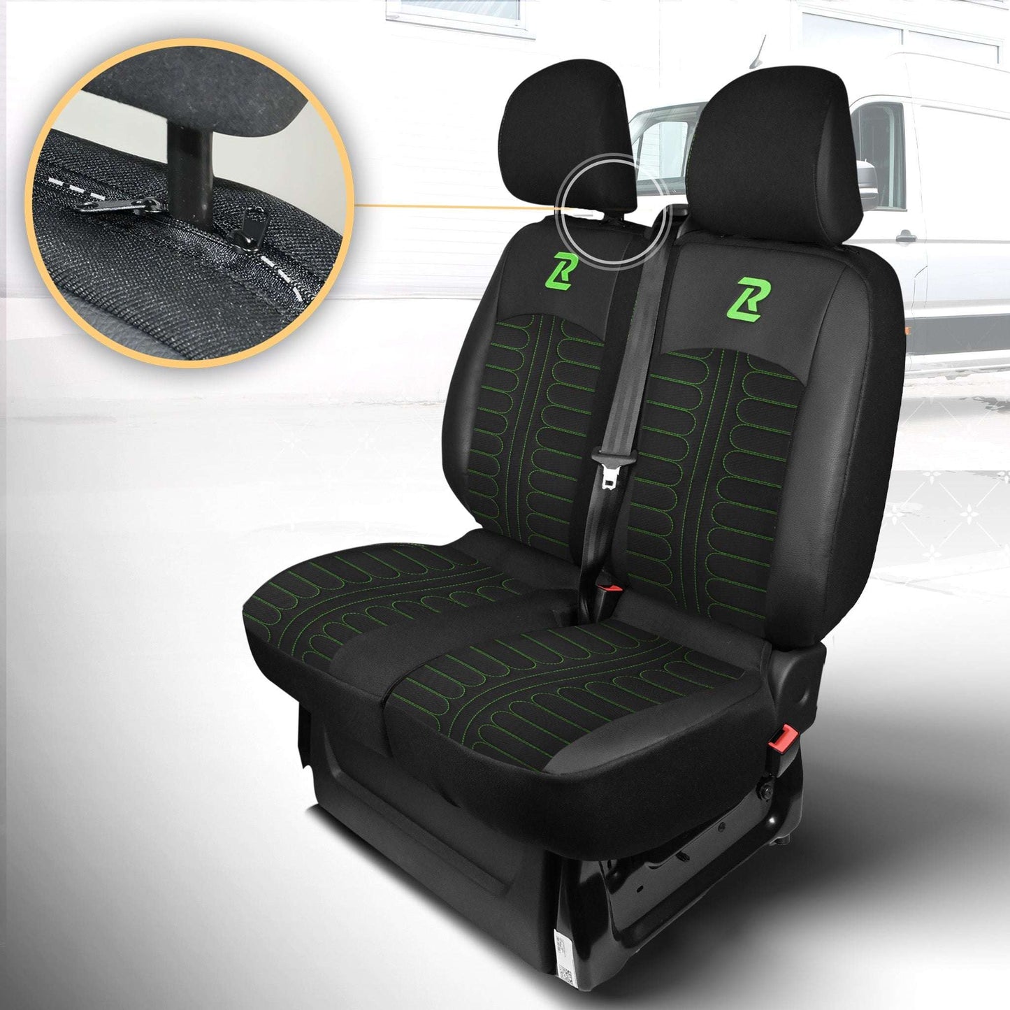 Pokrowce na fotele TORNADO Renault Trafic 3, Opel Vivaro B, Fiat Talento, Nissan NV300 1+2 (Kanapa z 2 zagłówkami siedzisko dzielone) - Czarno zielone 