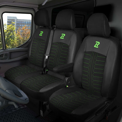 Pokrowce na fotele TORNADO Renault Trafic 3, Opel Vivaro B, Fiat Talento, Nissan NV300 1+2 (Kanapa z 2 zagłówkami siedzisko dzielone) - Czarno zielone 