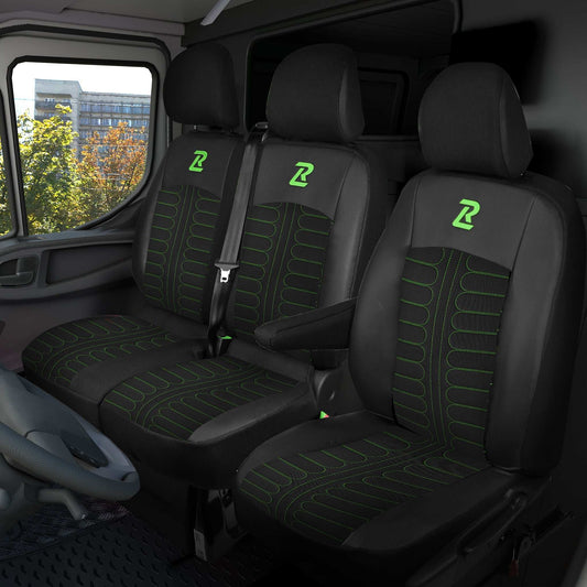 Pokrowce na fotele TORNADO Renault Trafic 3, Opel Vivaro B, Fiat Talento, Nissan NV300 1+2 (Kanapa z 2 zagłówkami siedzisko dzielone) - Czarno zielone 