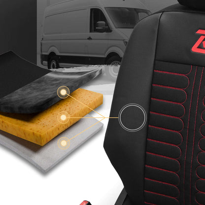 Pokrowce na fotele samochodowe TORNADO Citroen Berlingo 3, Fiat Doblo 3, Peugeot Partner 3, Opel Combo E, Toyota Proace City 1+2 Czarno - Czerwony 