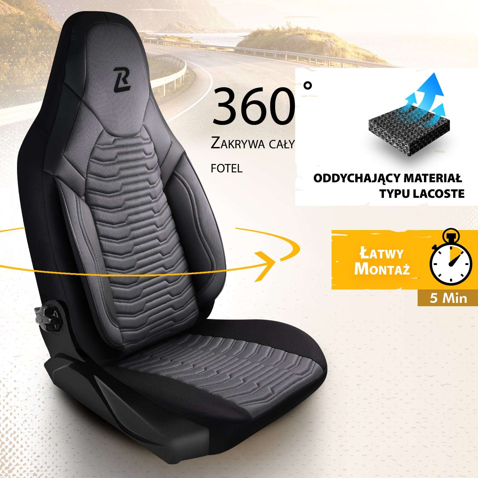 Pokrowce lotnicze na fotele samochodowe PARIS - szaro czarne (KOMPLET) 