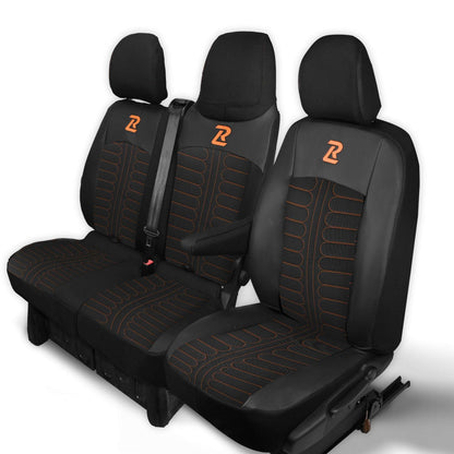 Pokrowce na fotele TORNADO Renault Trafic 3, Opel Vivaro B, Fiat Talento, Nissan NV300 1+2 (Kanapa z fotelem lotniczym, siedzisko dzielone) - Czarno pomarańczowe 