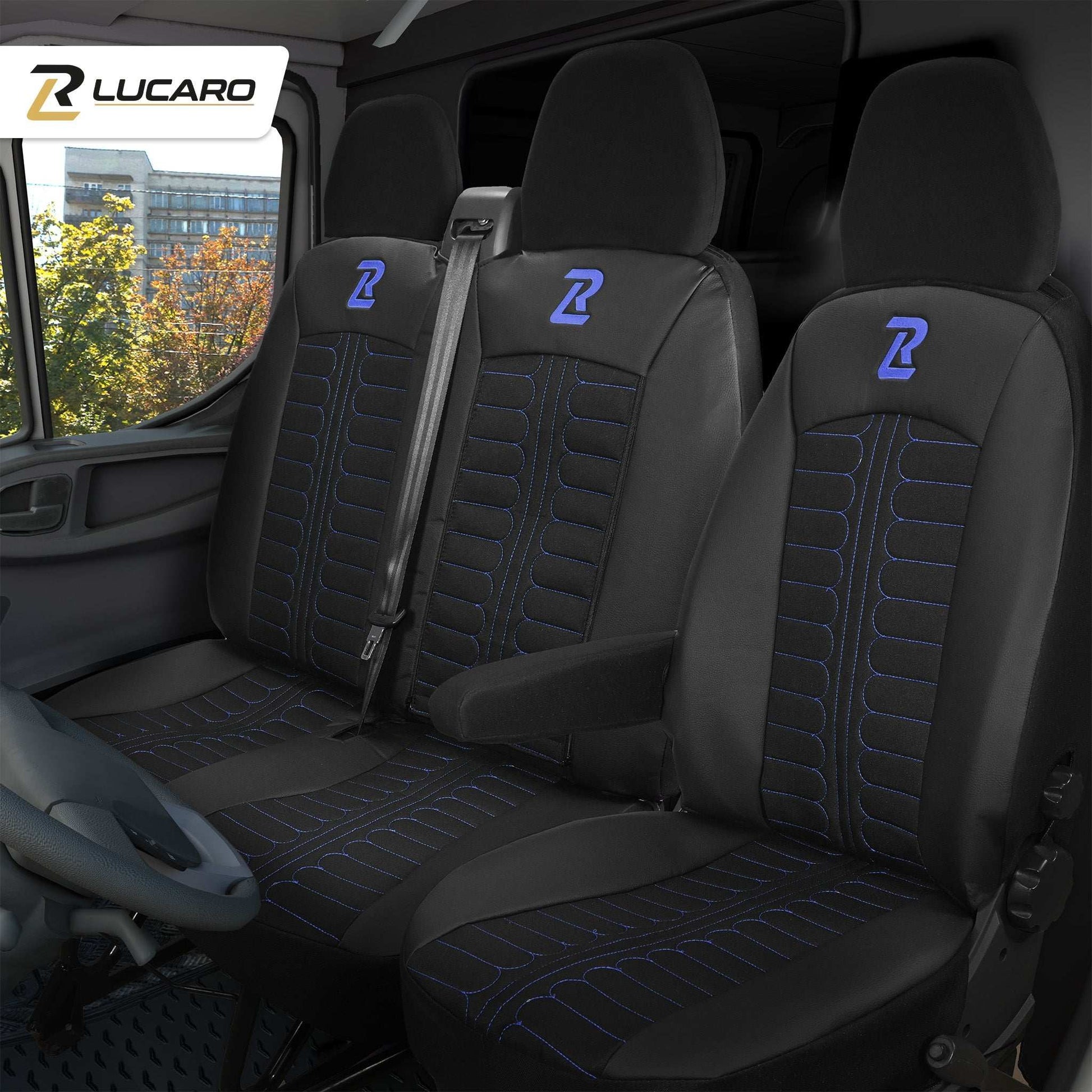 Pokrowce na fotele TORNADO Fiat Ducato, Peugeot Boxer, Citroen Jumper, Opel Movano C, RAM Promaster CZARNO - NIEBIESKI 