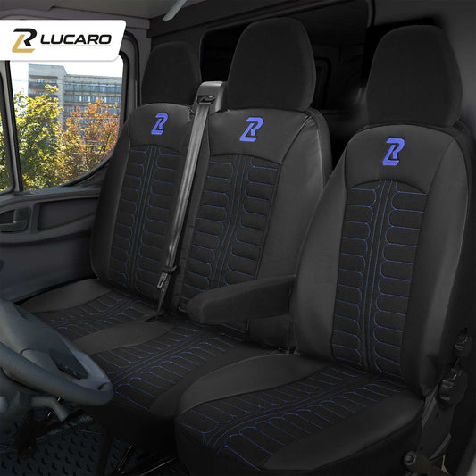 Pokrowce na fotele TORNADO Fiat Ducato, Peugeot Boxer, Citroen Jumper, Opel Movano C, RAM Promaster CZARNO - NIEBIESKI 