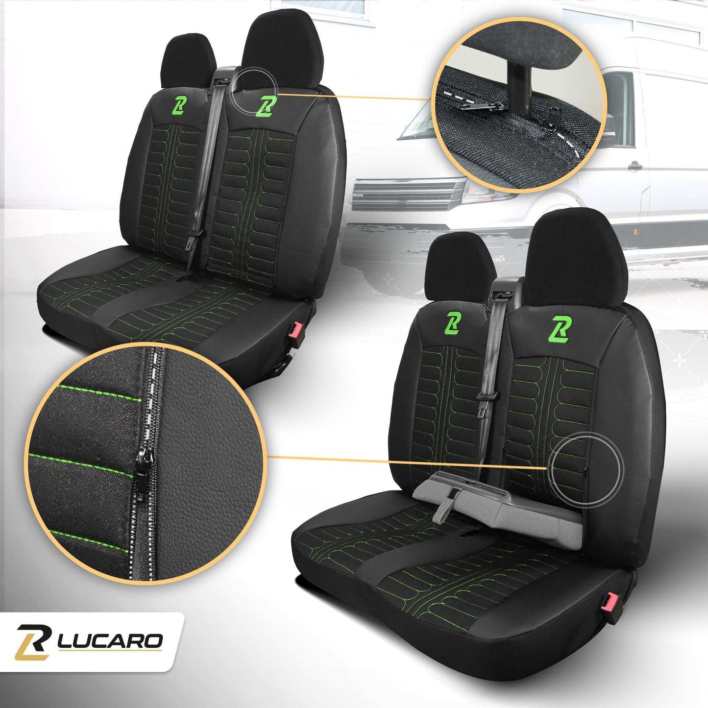 Pokrowce na fotele TORNADO Fiat Ducato, Peugeot Boxer, Citroen Jumper, Opel Movano C, RAM Promaster CZARNO - ZIELONY 