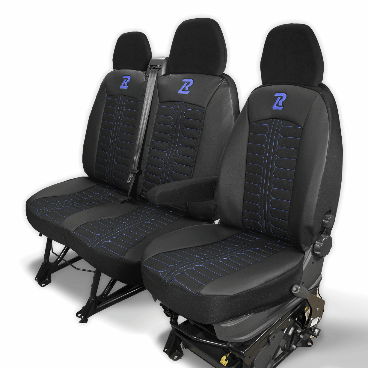 Pokrowce na fotele TORNADO Fiat Ducato, Peugeot Boxer, Citroen Jumper, Opel Movano C, RAM Promaster CZARNO - NIEBIESKI 