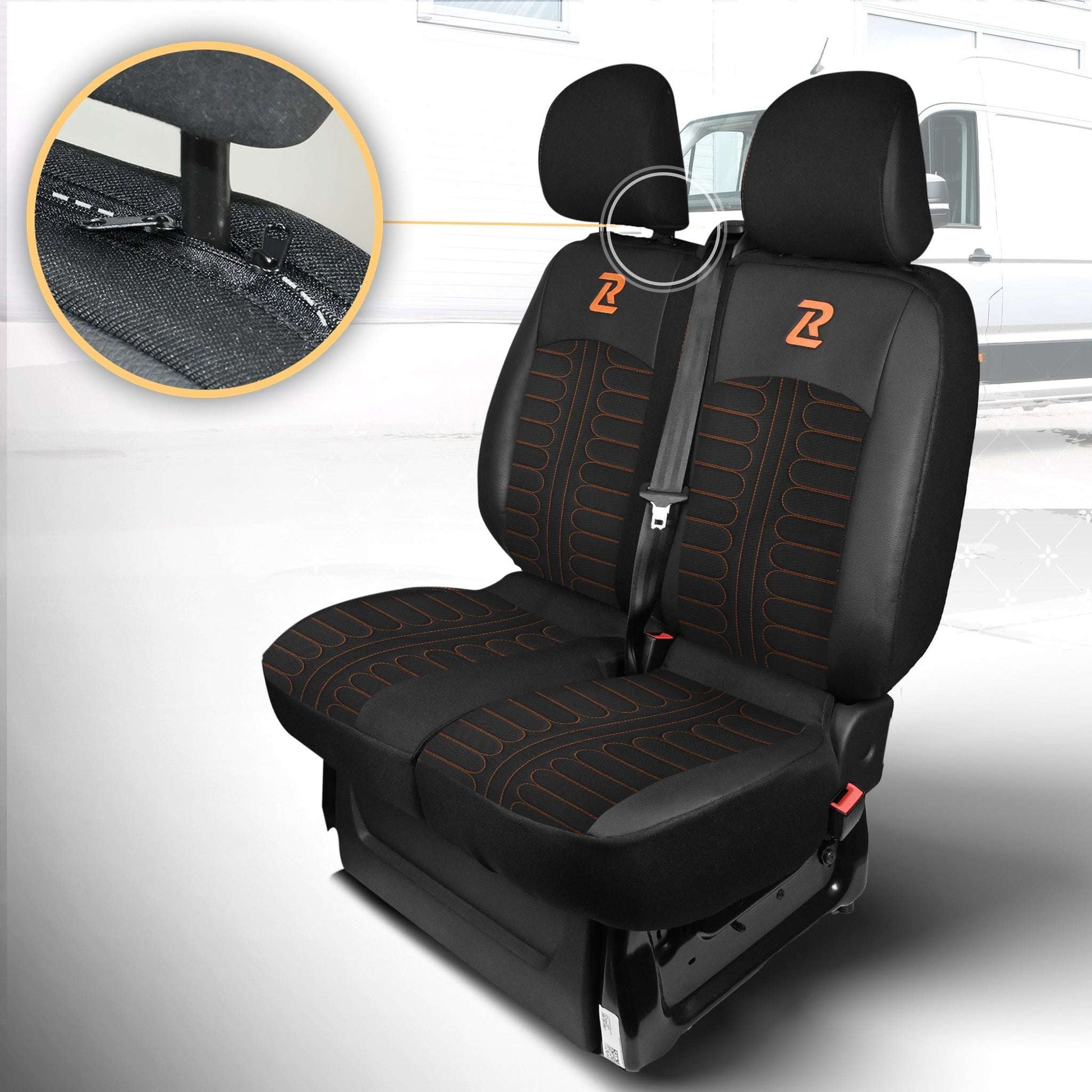 Pokrowce na fotele TORNADO Renault Trafic 3, Opel Vivaro B, Fiat Talento, Nissan NV300 1+2 (Kanapa z 2 zagłówkami siedzisko dzielone) - Czarno pomarańczowe 