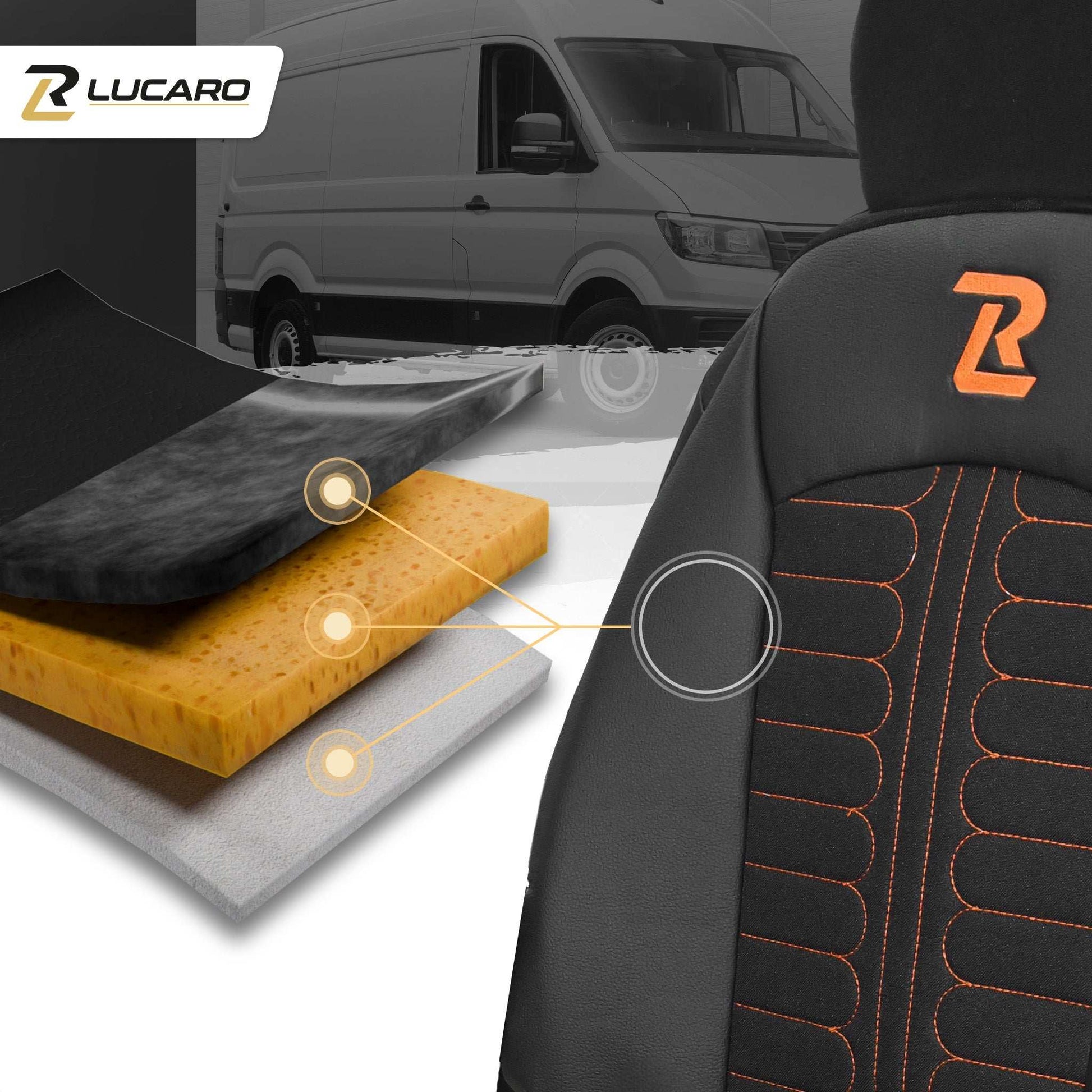 Pokrowce na fotele TORNADO Fiat Ducato, Peugeot Boxer, Citroen Jumper, Opel Movano C, RAM Promaster CZARNO - POMARAŃCZOWY 