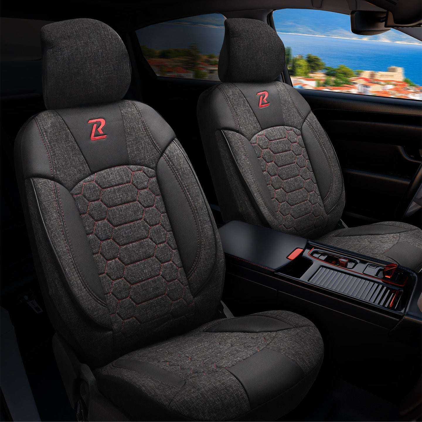 Pokrowce na fotele samochodowe OLIMP - SZARO CZERWONY (KOMPLET) 