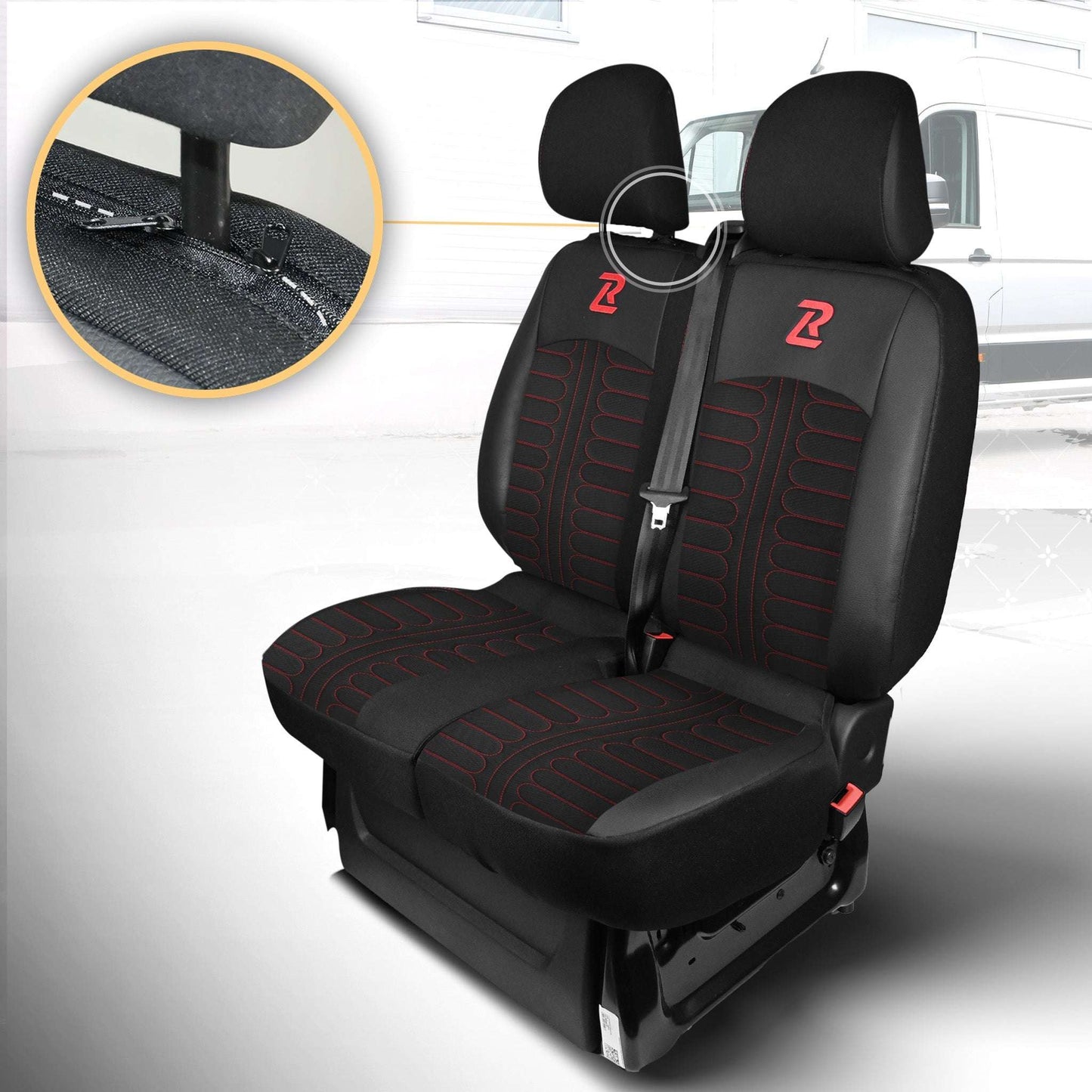 Pokrowce na fotele TORNADO Renault Trafic 3, Opel Vivaro B, Fiat Talento, Nissan NV300 1+2 (Kanapa z 2 zagłówkami siedzisko dzielone) - Czarno czerwone 