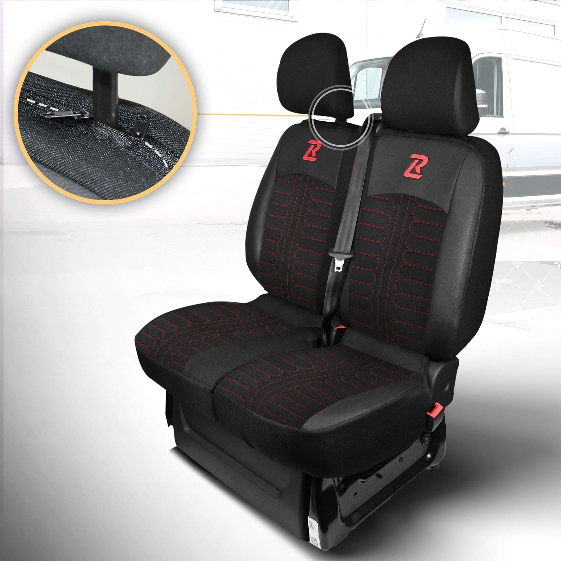 Pokrowce na fotele TORNADO Renault Trafic 3, Opel Vivaro B, Fiat Talento, Nissan NV300 1+2 (Kanapa z 2 zagłówkami siedzisko dzielone) - Czarno czerwone 