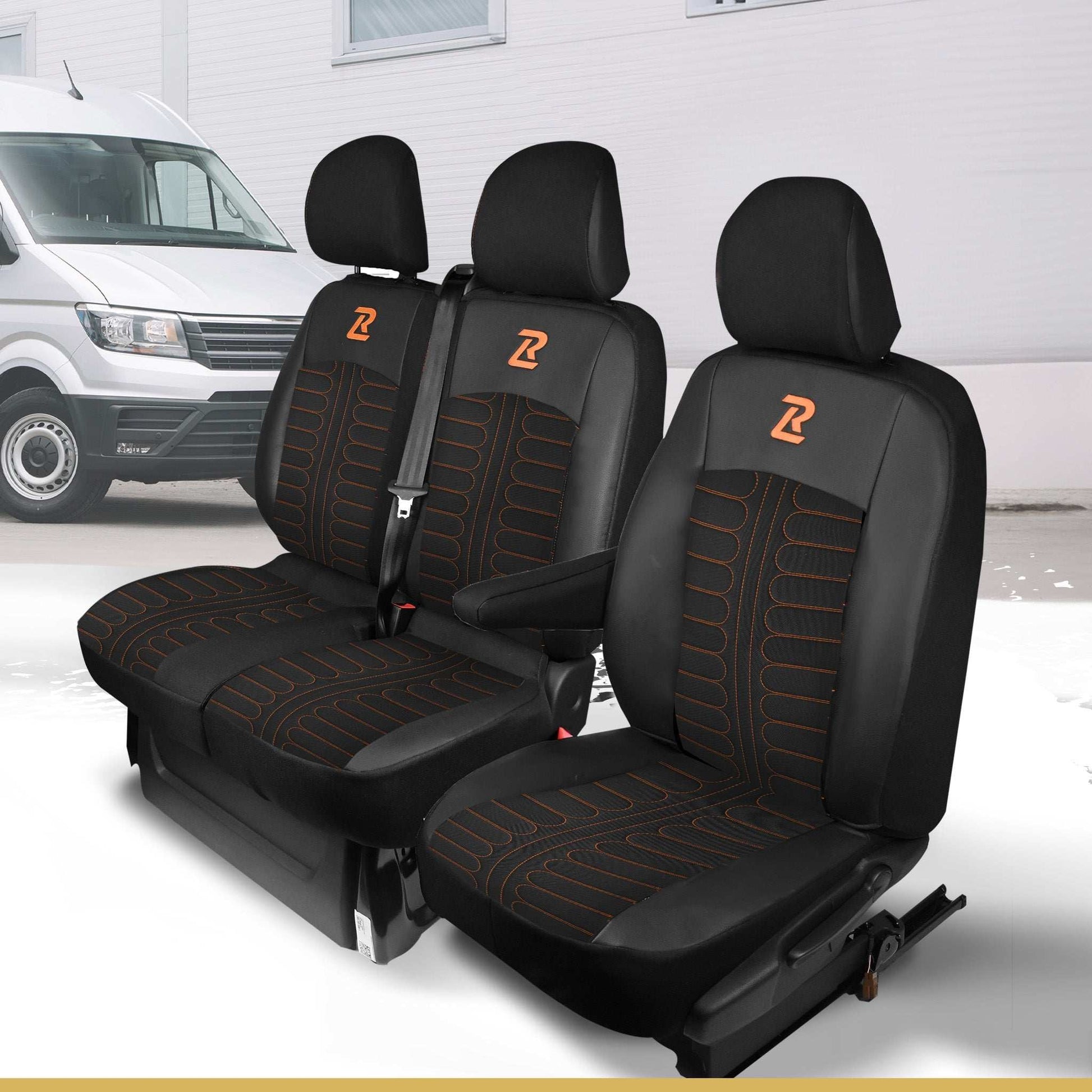 Pokrowce na fotele TORNADO Renault Trafic 3, Opel Vivaro B, Fiat Talento, Nissan NV300 1+2 (Kanapa z 2 zagłówkami siedzisko dzielone) - Czarno pomarańczowe 