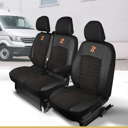 Pokrowce na fotele TORNADO Renault Trafic 3, Opel Vivaro B, Fiat Talento, Nissan NV300 1+2 (Kanapa z 2 zagłówkami siedzisko dzielone) - Czarno pomarańczowe 
