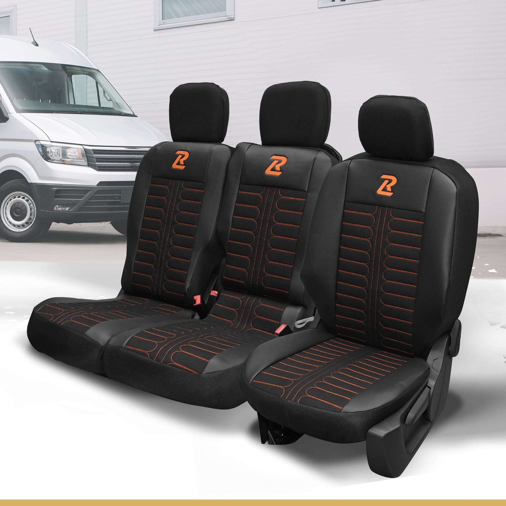 Pokrowce na fotele samochodowe TORNADO Citroen Berlingo 3, Fiat Doblo 3, Peugeot Partner 3, Opel Combo E, Toyota Proace City 1+2 Czarno - Pomarańczowy 