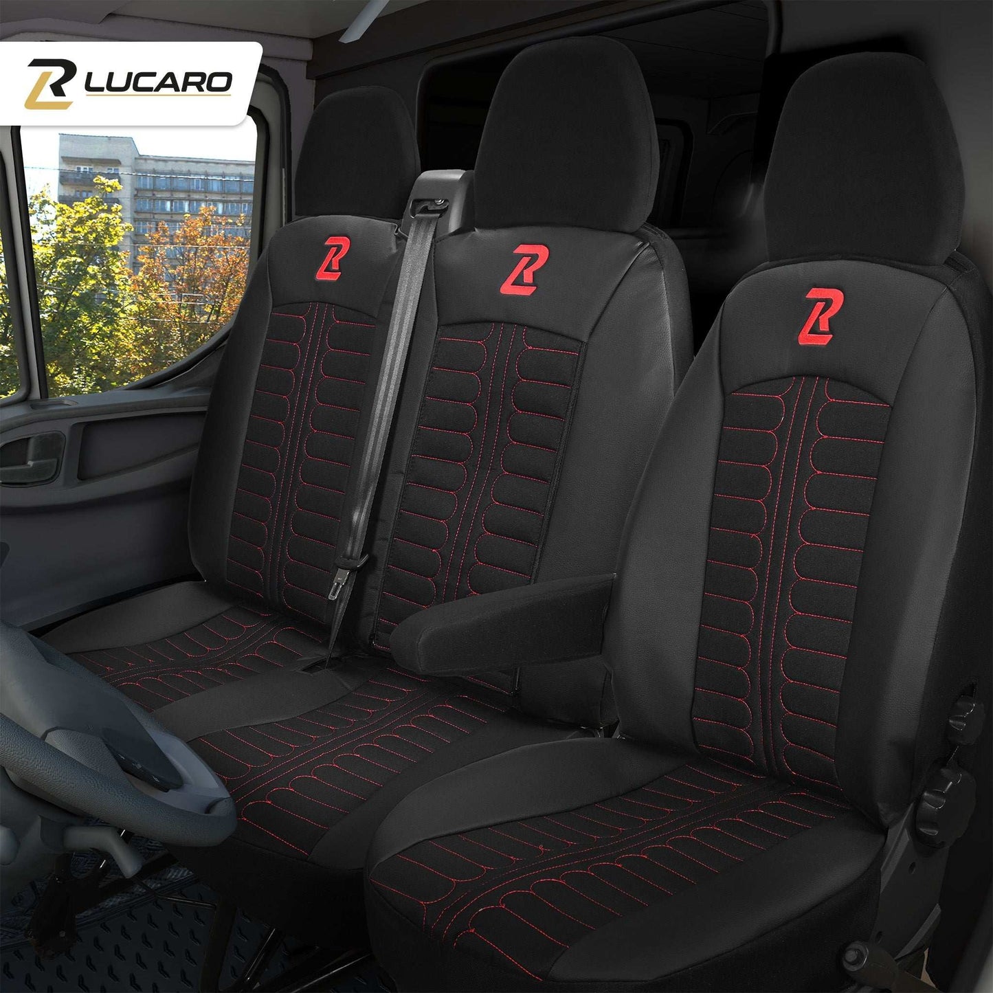 Pokrowce na fotele TORNADO Fiat Ducato, Peugeot Boxer, Citroen Jumper, Opel Movano C, RAM Promaster CZARNO - CZERWONY 