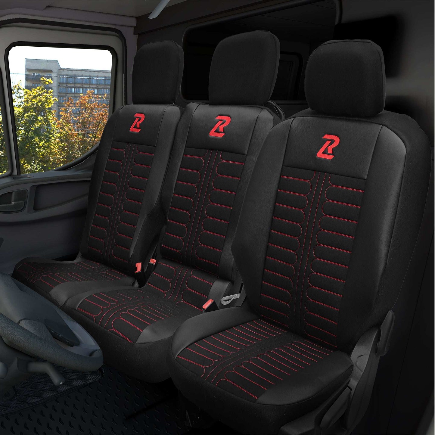 Pokrowce na fotele samochodowe TORNADO Citroen Berlingo 3, Fiat Doblo 3, Peugeot Partner 3, Opel Combo E, Toyota Proace City 1+2 Czarno - Czerwony 