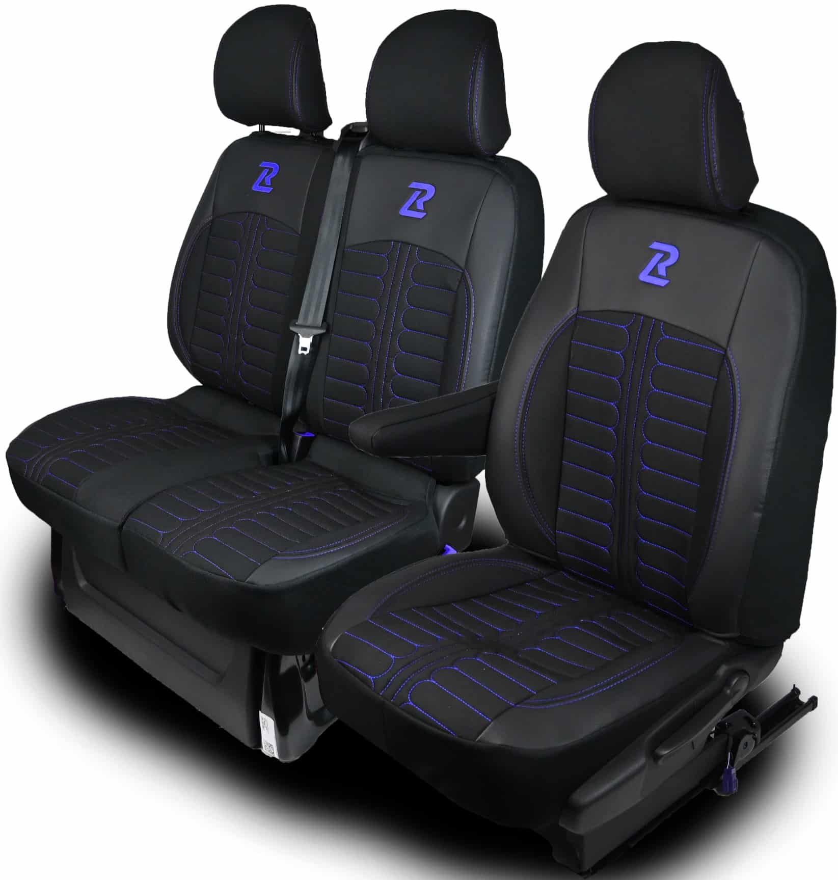 Czarno-niebieskie render Pokrowce na fotele TORNADO Renault Trafic 3, Opel Vivaro B, Fiat Talento, Nissan NV300 1+2