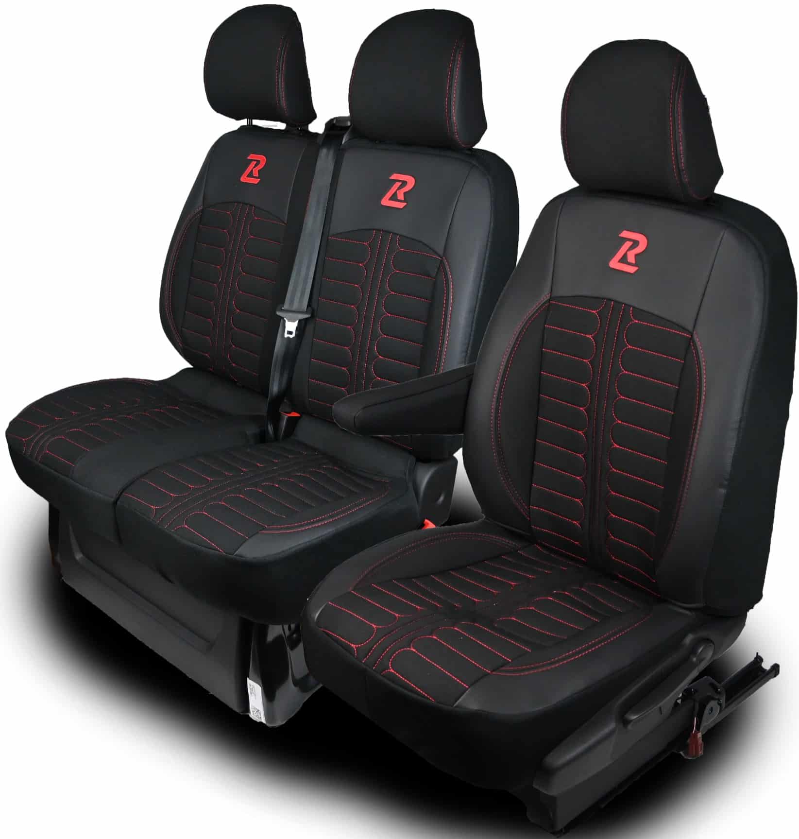 Czarno-czerwone render Pokrowce na fotele TORNADO Renault Trafic 3, Opel Vivaro B, Fiat Talento, Nissan NV300 1+2