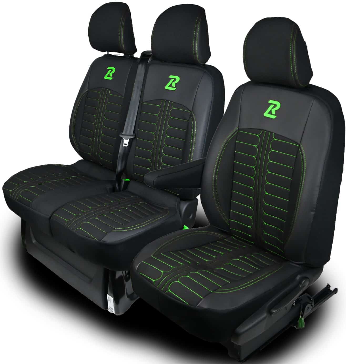 Czarno-zielone render Pokrowce na fotele TORNADO Renault Trafic 3, Opel Vivaro B, Fiat Talento, Nissan NV300 1+2