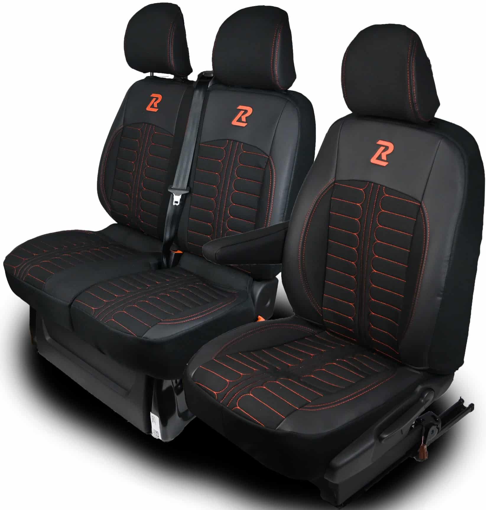 Czarno-pomaranczowe render Pokrowce na fotele TORNADO Renault Trafic 3, Opel Vivaro B, Fiat Talento, Nissan NV300 1+2